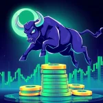 A powerful bull symbolizing MoonBull, surrounded by rising crypto charts, representing the explosive meme coin hype and increased trading volumes for Bonk and Doginme.