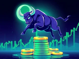 A powerful bull symbolizing MoonBull, surrounded by rising crypto charts, representing the explosive meme coin hype and increased trading volumes for Bonk and Doginme.