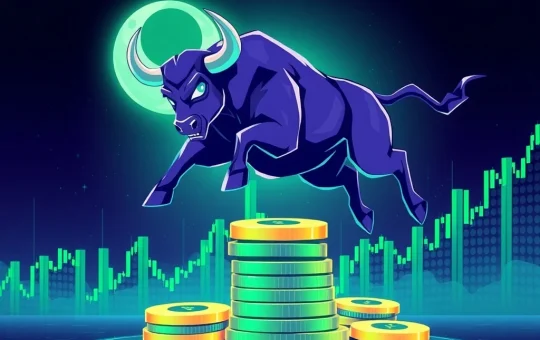 A powerful bull symbolizing MoonBull, surrounded by rising crypto charts, representing the explosive meme coin hype and increased trading volumes for Bonk and Doginme.