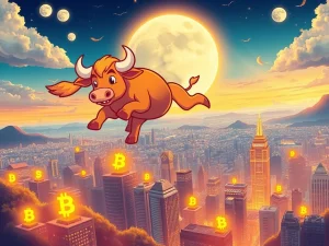 A cartoon bull character representing MoonBull flying over a crypto cityscape, symbolizing the potential for 1000x crypto gains from its whitelist launch.
