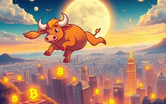 A cartoon bull character representing MoonBull flying over a crypto cityscape, symbolizing the potential for 1000x crypto gains from its whitelist launch.