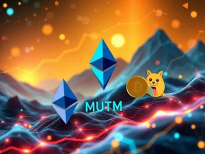 Mutuum Finance (MUTM) token symbol amidst charts, indicating potential growth and outperformance compared to Dogecoin and Ethereum in the crypto presale market.