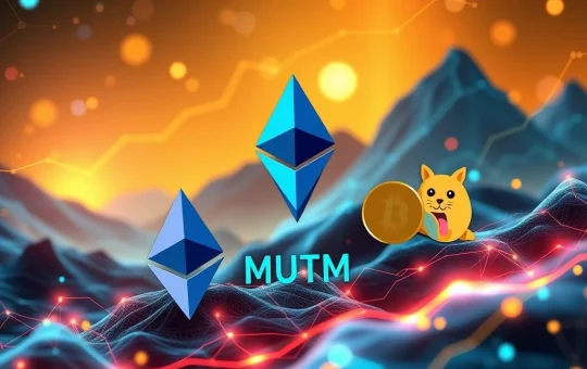 Mutuum Finance (MUTM) token symbol amidst charts, indicating potential growth and outperformance compared to Dogecoin and Ethereum in the crypto presale market.