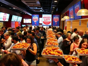 Customers enjoying chicken wing deals at a bustling restaurant on National Chicken Wing Day