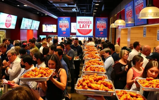 Customers enjoying chicken wing deals at a bustling restaurant on National Chicken Wing Day
