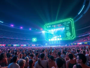 NEON Countdown festival attendees interacting with blockchain ticketing and NFT tickets, symbolizing a new era for Web3 events.