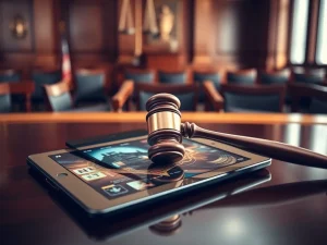 Courtroom scene with NFT fraud case documents and digital tablet displaying crypto assets