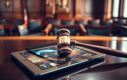 Courtroom scene with NFT fraud case documents and digital tablet displaying crypto assets
