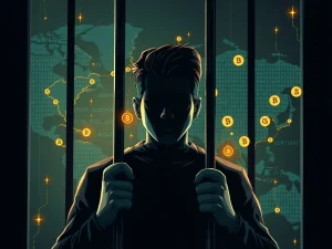 A visual representation of the serious implications of a North Korean cyber scheme, showing a jailed figure surrounded by digital elements.