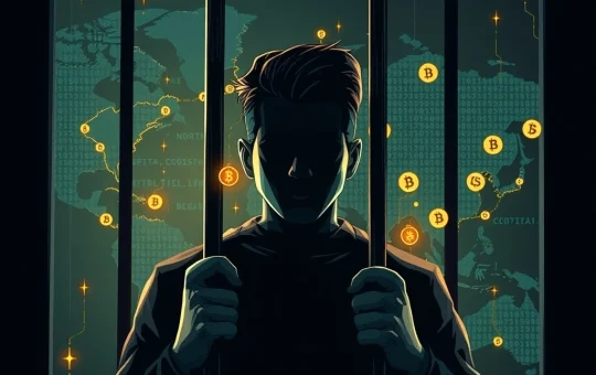 A visual representation of the serious implications of a North Korean cyber scheme, showing a jailed figure surrounded by digital elements.