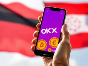 An individual joyfully claiming OKX Bitcoin bonuses on their phone, symbolizing crypto rewards in Germany and Austria.