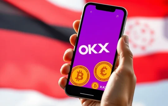 An individual joyfully claiming OKX Bitcoin bonuses on their phone, symbolizing crypto rewards in Germany and Austria.
