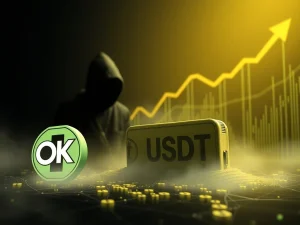 Digital illustration depicting a massive OKX USDT transfer from an exchange wallet to an unknown address, sparking crypto speculation.