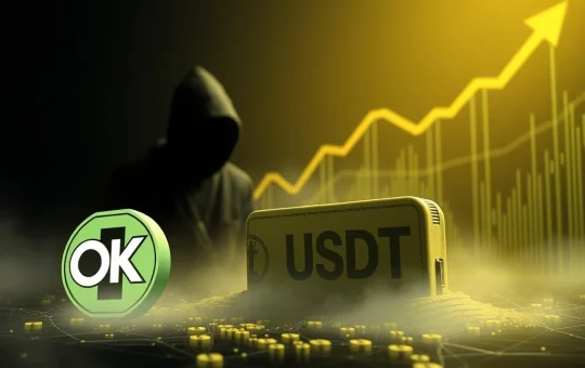 Digital illustration depicting a massive OKX USDT transfer from an exchange wallet to an unknown address, sparking crypto speculation.