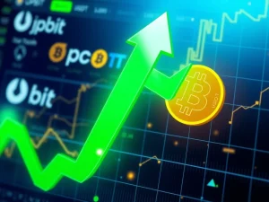 A chart showing a rapid price increase for the OP Token, symbolizing its surge after the Upbit listing, amidst broader crypto market trends.