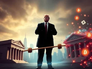 Digital tug-of-war: banks vs. crypto over Open Banking Rules, with Trump observing. Illustrates the financial data battle.