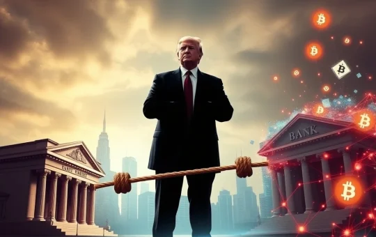 Digital tug-of-war: banks vs. crypto over Open Banking Rules, with Trump observing. Illustrates the financial data battle.