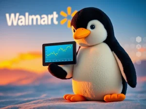 PENGU token price surge depicted by a Pudgy Penguin toy alongside a Walmart logo, symbolizing their groundbreaking partnership.