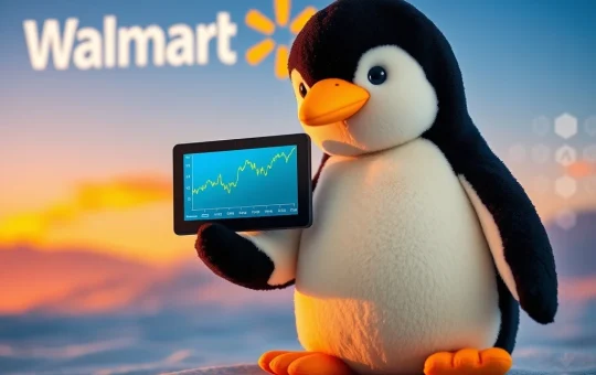 PENGU token price surge depicted by a Pudgy Penguin toy alongside a Walmart logo, symbolizing their groundbreaking partnership.