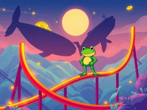 A digital PEPE coin character stands on a turbulent crypto chart, surrounded by large whale icons, representing a contrarian investment opportunity amidst market volatility.