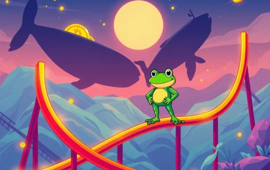 A digital PEPE coin character stands on a turbulent crypto chart, surrounded by large whale icons, representing a contrarian investment opportunity amidst market volatility.