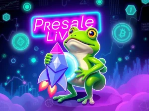Pepeto meme coin mascot launching with Ethereum blockchain technology