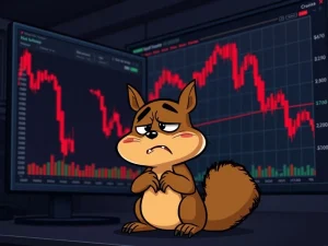 A worried Peanut the Squirrel observing the volatile PNUTUSDT crypto market, highlighting recent bearish trends and technical indicators.