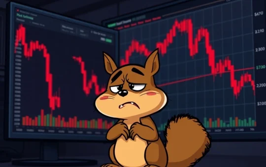 A worried Peanut the Squirrel observing the volatile PNUTUSDT crypto market, highlighting recent bearish trends and technical indicators.