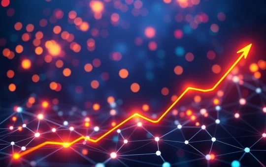A visual representation of the Polymesh blockchain experiencing significant POLYX price growth and network upgrades, with an upward-trending chart.