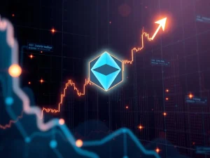 A visual representation of the POLYX cryptocurrency surging in value, depicting an upward trend on a chart with blockchain elements in the background, symbolizing the recent cryptocurrency surge.