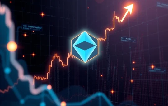 A visual representation of the POLYX cryptocurrency surging in value, depicting an upward trend on a chart with blockchain elements in the background, symbolizing the recent cryptocurrency surge.