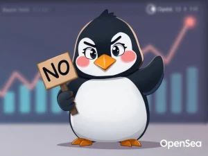 A Pudgy Penguins character confidently denying OpenSea acquisition rumors, symbolizing the NFT project's focus on growth and recent floor price surge.
