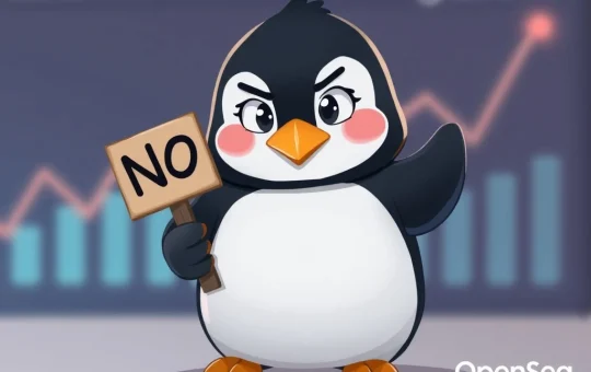 A Pudgy Penguins character confidently denying OpenSea acquisition rumors, symbolizing the NFT project's focus on growth and recent floor price surge.