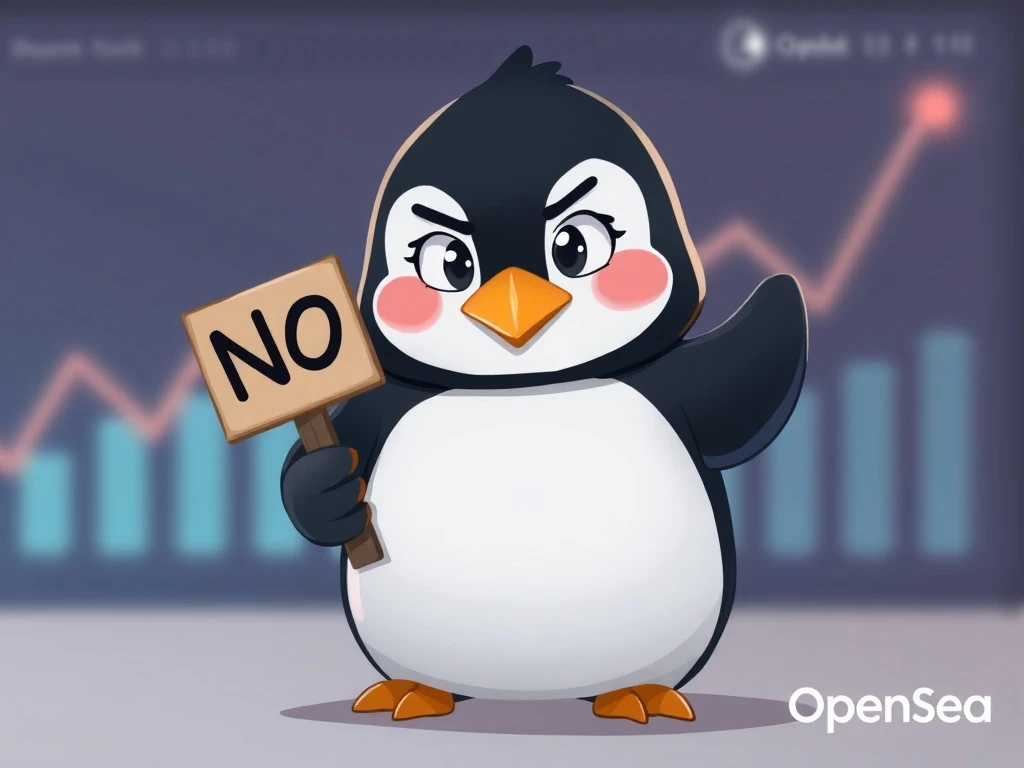 A Pudgy Penguins character confidently denying OpenSea acquisition rumors, symbolizing the NFT project's focus on growth and recent floor price surge.