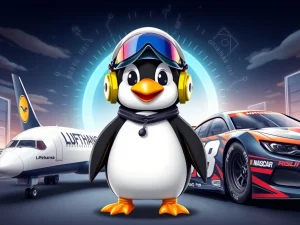Pudgy Penguins character symbolizing strategic NFT brand collaborations with Lufthansa and NASCAR, showcasing a future-focused crypto brand strategy.