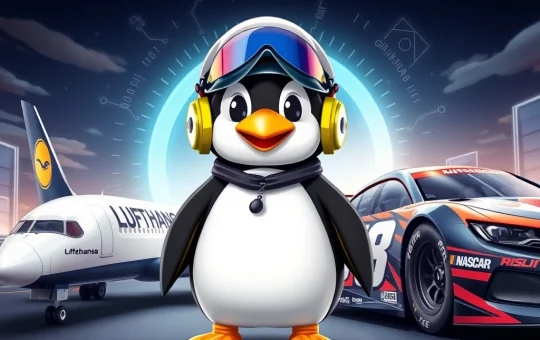 Pudgy Penguins character symbolizing strategic NFT brand collaborations with Lufthansa and NASCAR, showcasing a future-focused crypto brand strategy.