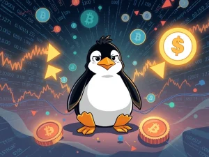 Pudgy Penguin character amidst blockchain data, reflecting PENGU token transfer and crypto market speculation.