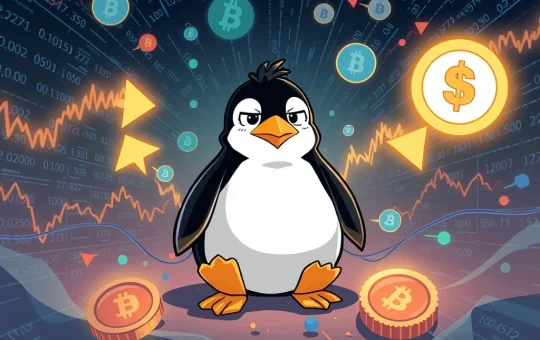 Pudgy Penguin character amidst blockchain data, reflecting PENGU token transfer and crypto market speculation.