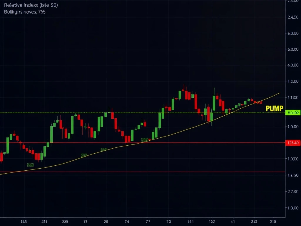 A cryptocurrency chart illustrating the Pump.fun price under bearish pressure, with the RSI indicator below 50 and tightening Bollinger Bands signaling a critical support test.