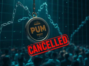 A dramatic image showing the PUMP token plummeting, symbolizing its price crash after the Pump.Fun airdrop cancellation.