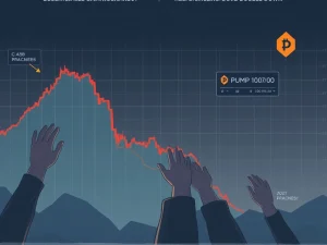 A chart showing a significant PUMP token price decline, with hands reaching to buy, symbolizing early PUMP token holders doubling down.