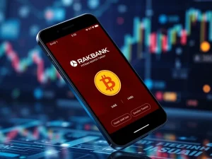 RAKBANK mobile app showcasing UAE's first regulated Bitcoin and crypto trading service.
