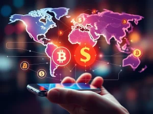 A vibrant illustration of the Remittix Web3 wallet interface, showing global connectivity and the flow of crypto remittances, symbolizing financial innovation.