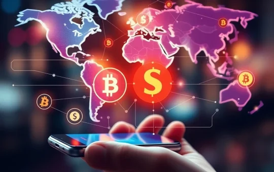 A vibrant illustration of the Remittix Web3 wallet interface, showing global connectivity and the flow of crypto remittances, symbolizing financial innovation.