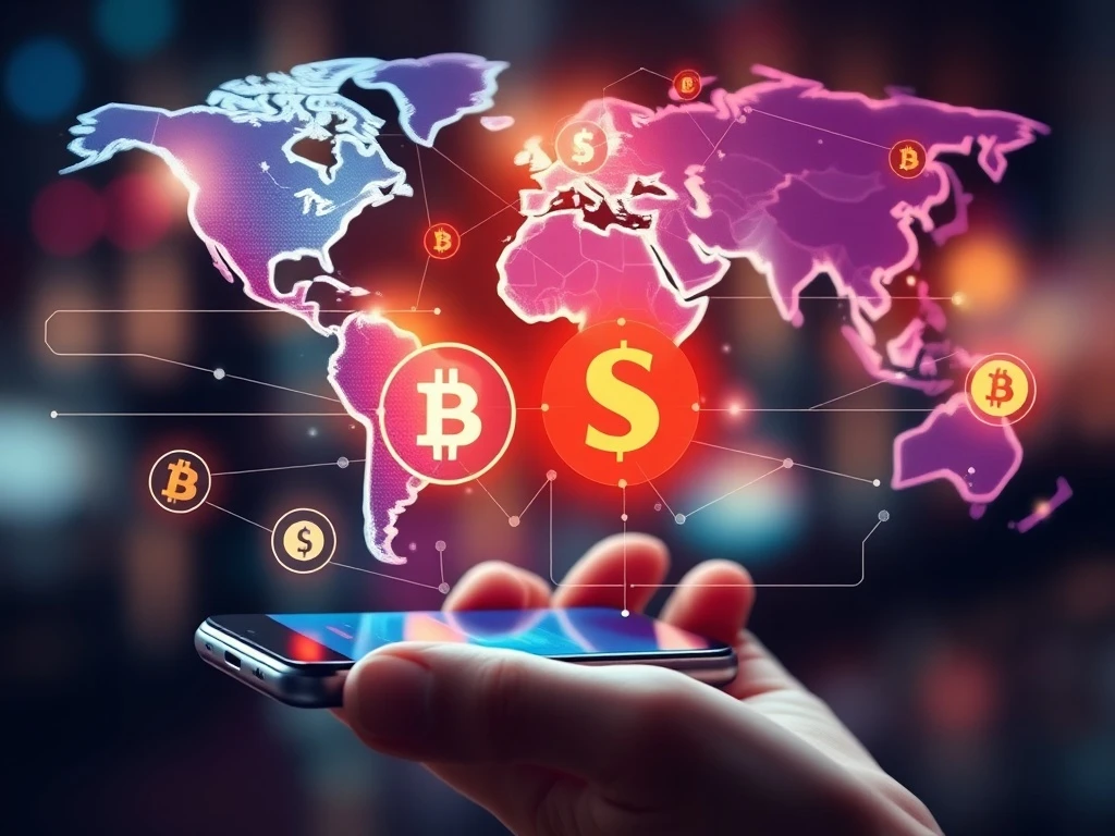 A vibrant illustration of the Remittix Web3 wallet interface, showing global connectivity and the flow of crypto remittances, symbolizing financial innovation.
