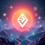 REZ cryptocurrency logo with blockchain growth visualization
