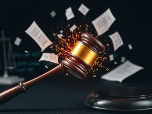 A gavel striking a blockchain, symbolizing the Roman Storm trial's impact on blockchain regulation and open-source liability.