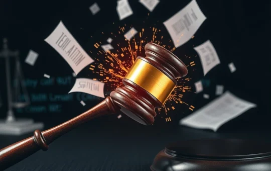 A gavel striking a blockchain, symbolizing the Roman Storm trial's impact on blockchain regulation and open-source liability.