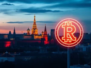An illustration symbolizing Russia's 2025 crypto regulations, featuring a barrier against retail crypto use and the ascendancy of the Digital Ruble.