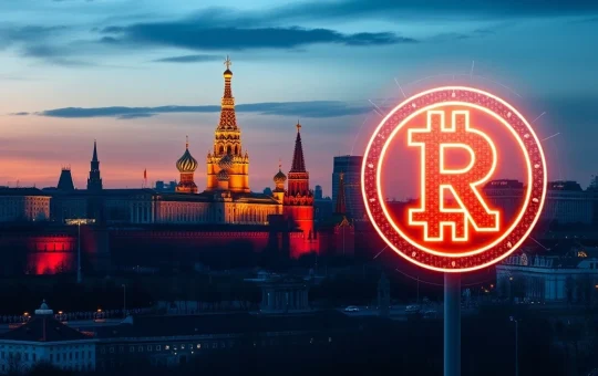 An illustration symbolizing Russia's 2025 crypto regulations, featuring a barrier against retail crypto use and the ascendancy of the Digital Ruble.